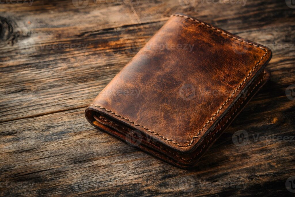 handmade leather wallet lying on wooden table photo